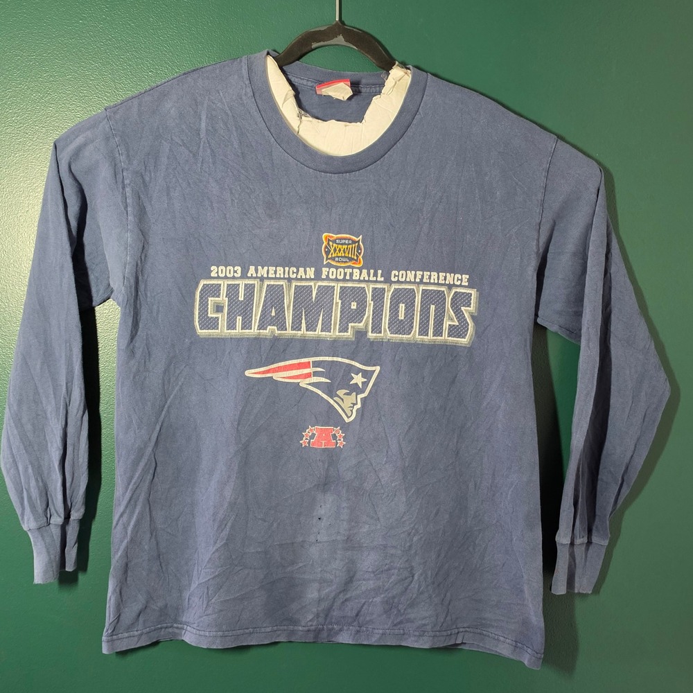 Vintage NFL New England Patriots 2003 AFC Champions Long Sleeve T-Shirt Blue L